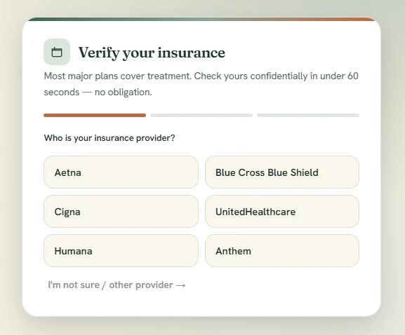 Insurance verification tool that confirms coverage and captures leads for a treatment center