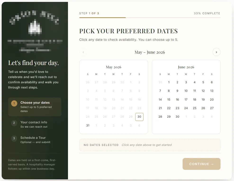 Date wishlist and venue tour booking widget built for Orion Hill Events