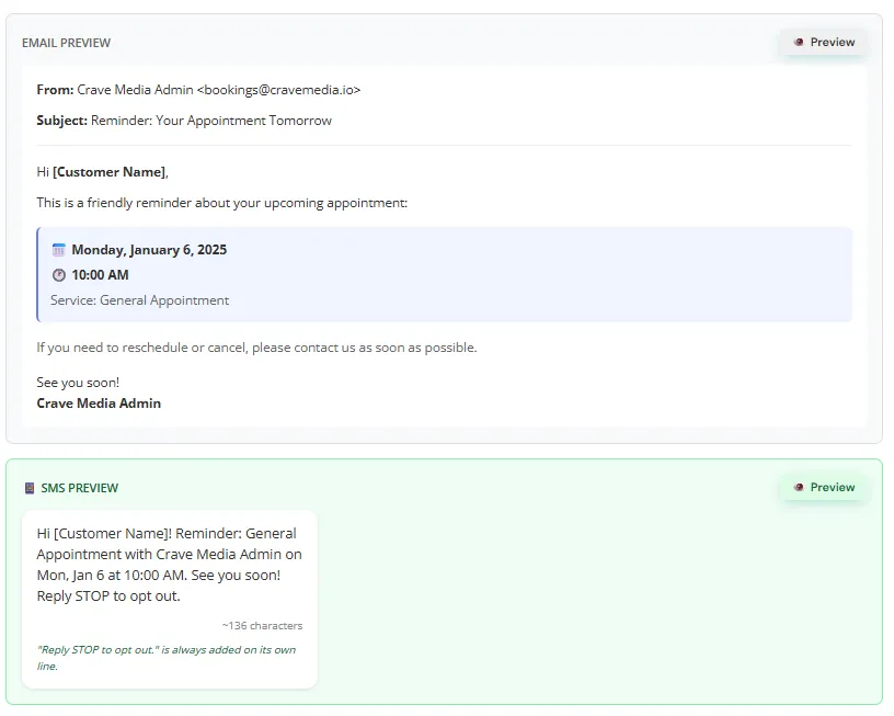 Email and SMS preview showing personalized customer communication