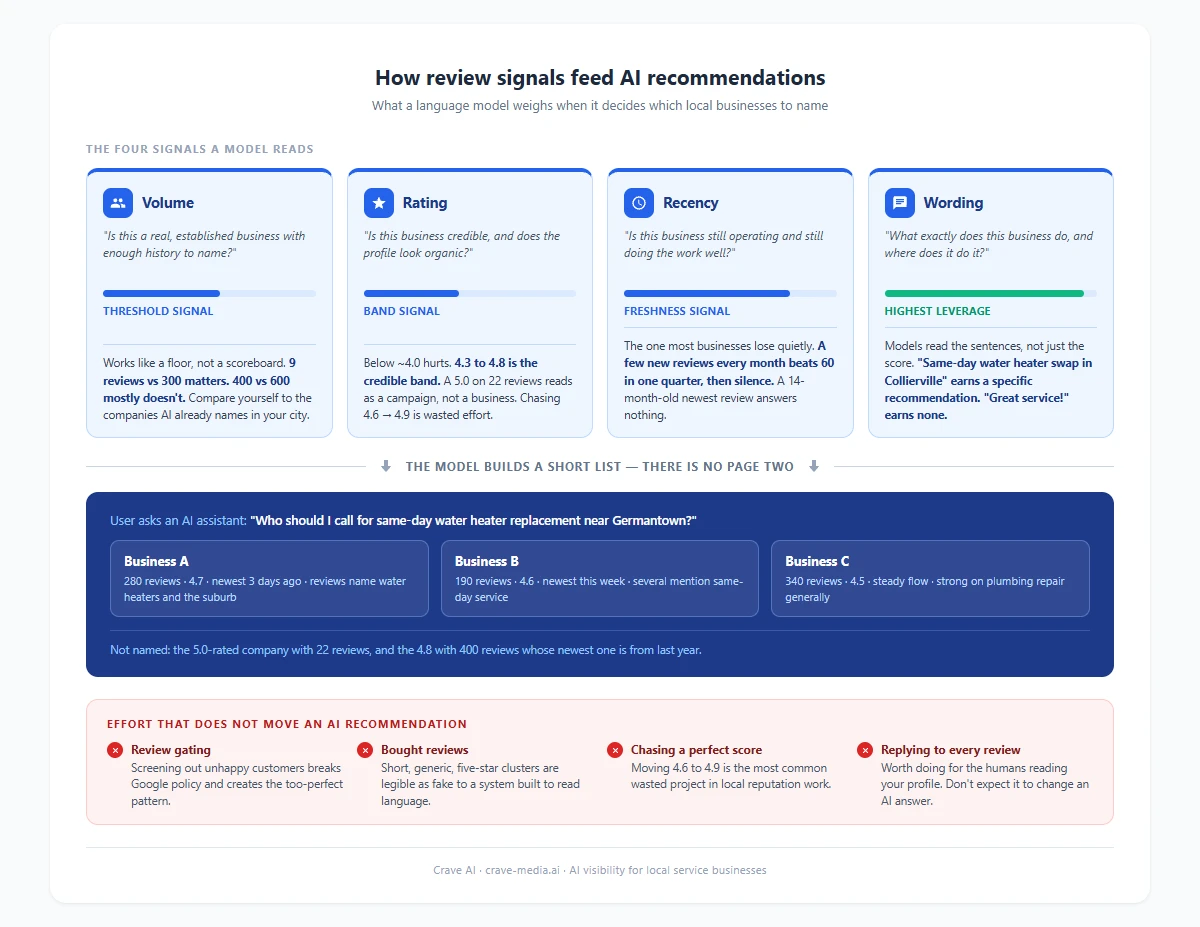 Diagram showing how review volume, star rating, recency, and review wording feed the short list of local businesses an AI assistant recommends, and which review tactics have no effect