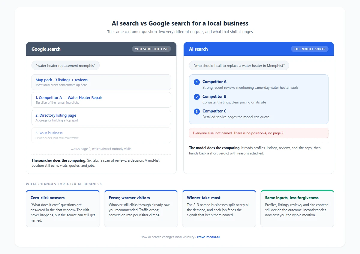 Comparison of Google search and AI search for local businesses, showing how a ranked list of links with the searcher sorting becomes a synthesized answer naming a few businesses, with zero-click answers, warmer visitors, and a winner-take-most short list