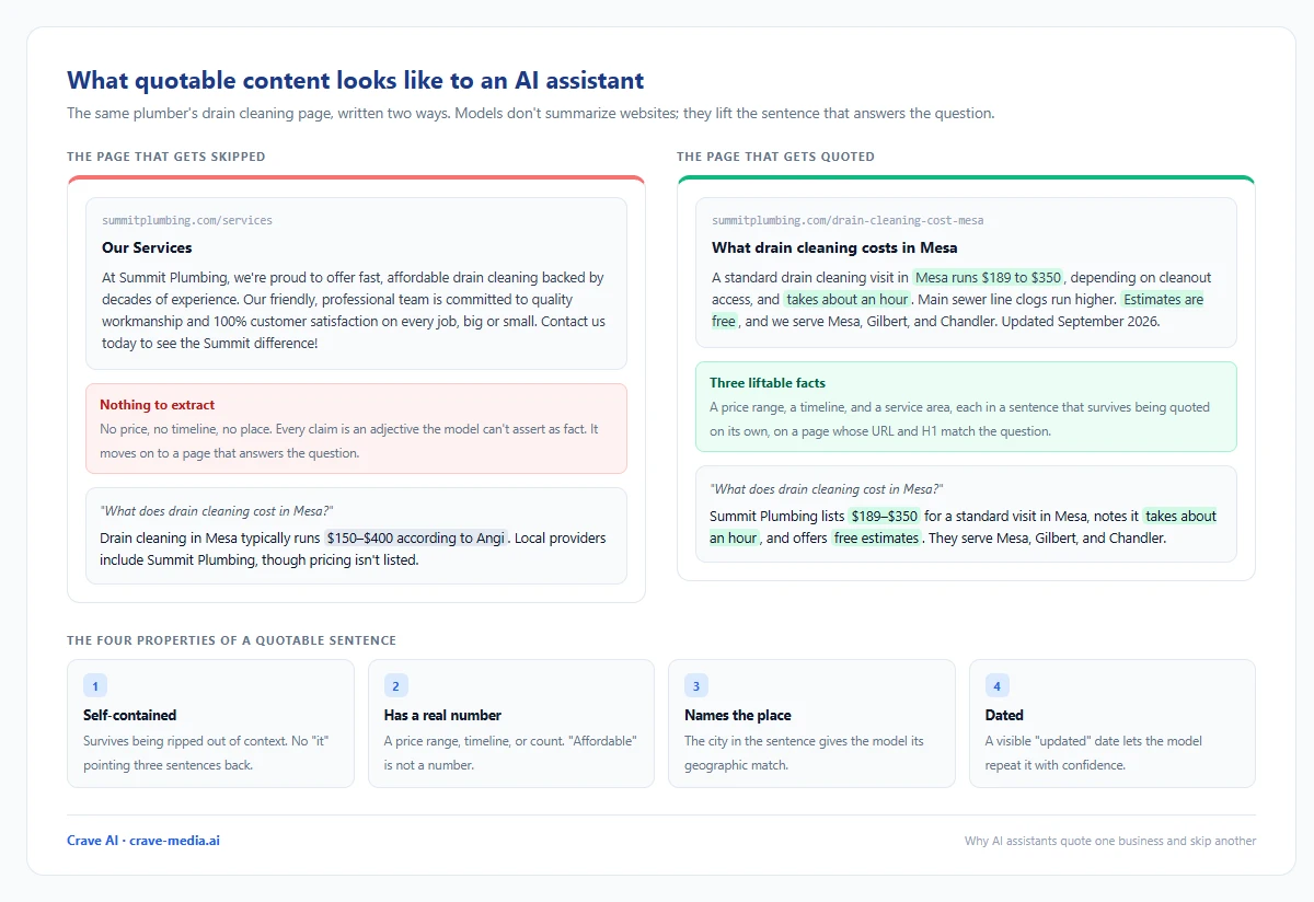 Comparison diagram showing why AI assistants skip vague marketing copy and quote specific content, with a marketing paragraph a model can't use next to a quotable services page whose price range, timeline, and service area get lifted into a cited AI answer for a local business